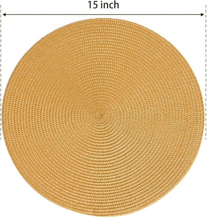 FunWheat Round Braided Placemats Set of 4 Table Mats for Dining Tables Woven Washable Non-Slip Place mats 15 inch(Pumpkin Yellow,4pcs)