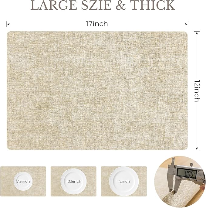 Romanstile Vinyl Placemats Set of 12-12 X 17 Inch - Faux Leather 100% Waterproof Wipeable Anti Slip Place Mats, Heat Resistant Reversible PU Table Mats for Kitchen Dining Party Outdoor, Beige