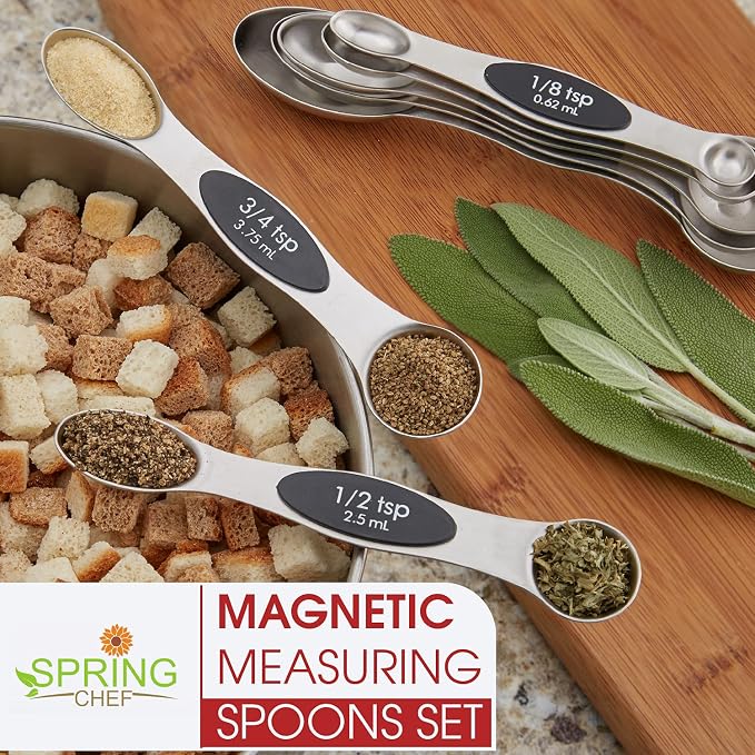 Spring Chef Stainless Steel Magnetic Measuring Spoons Set of 8, Black | Dual Sided Metal Teaspoon & Tablespoon Measuring Spoons with Leveler for Dry & Liquid Ingredients, Nesting, Dishwasher Safe