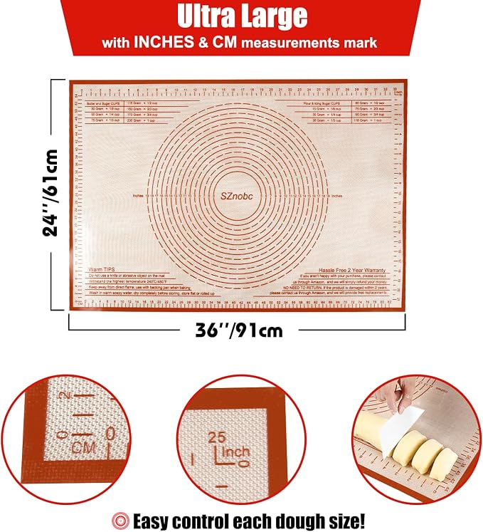 Silicone Pastry Mat 36X24 inch Baking mat Perfect for Dough, Pastry, Pie Crust, Fondant, Cookies, Bread, Pasta/Pizza,Pastry Board, Kitchen Counter Mat