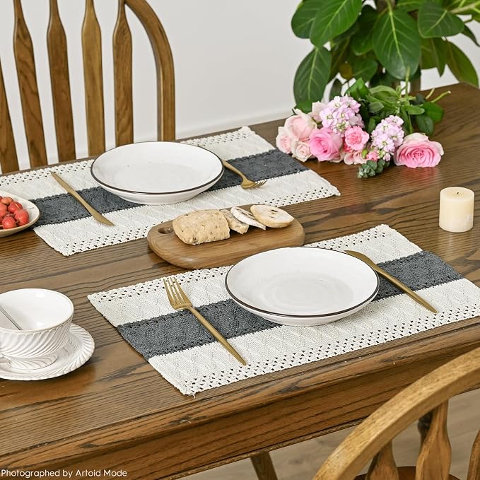 Artoid Mode Dark Grey Farmhouse Rustic Placemats Set of 4,12x18 Inch Seasonal Holiday Hollow Table Mats Party Kitchen Dining Decoration