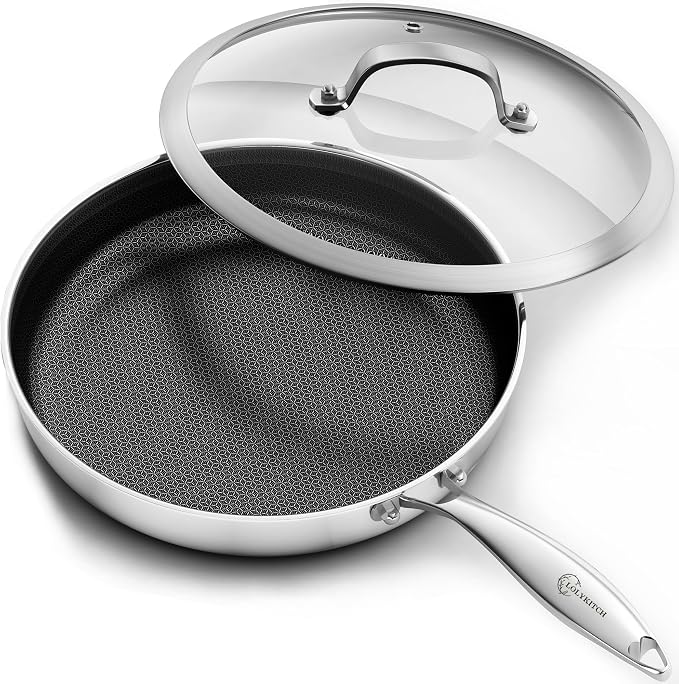 LOLYKITCH 12 Inch Hybrid Nonstick Frying Pan with Glass Lid | PFOA Free | Stainless Steel Skillet | Non-Toxic | Stay-Cool Detachable Handle | Dishwasher and Oven Safe | Induction Ready