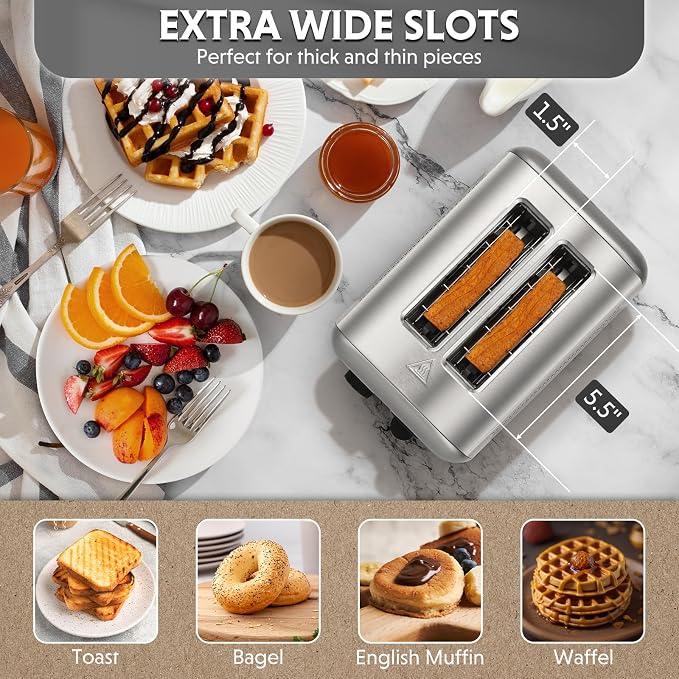 BUYDEEM DT420 2 Slice Toaster, Stainless Steel Toaster with Extra Wide Slots for Bagels, Muffins, High Lift Lever, 6 Shade Settings, Retro Sliver