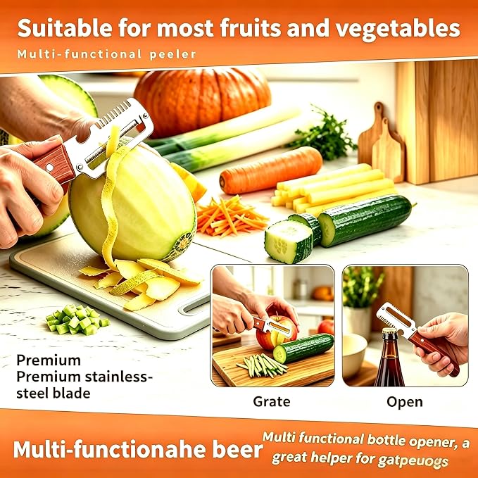 2 Pack Premium Vegetable Peeler with Wooden Handle and Bottle Opener,Stainless Steel Peeler,Vegetable Peeler for Kitchen, Peeling Fruits and Shredding Scallions
