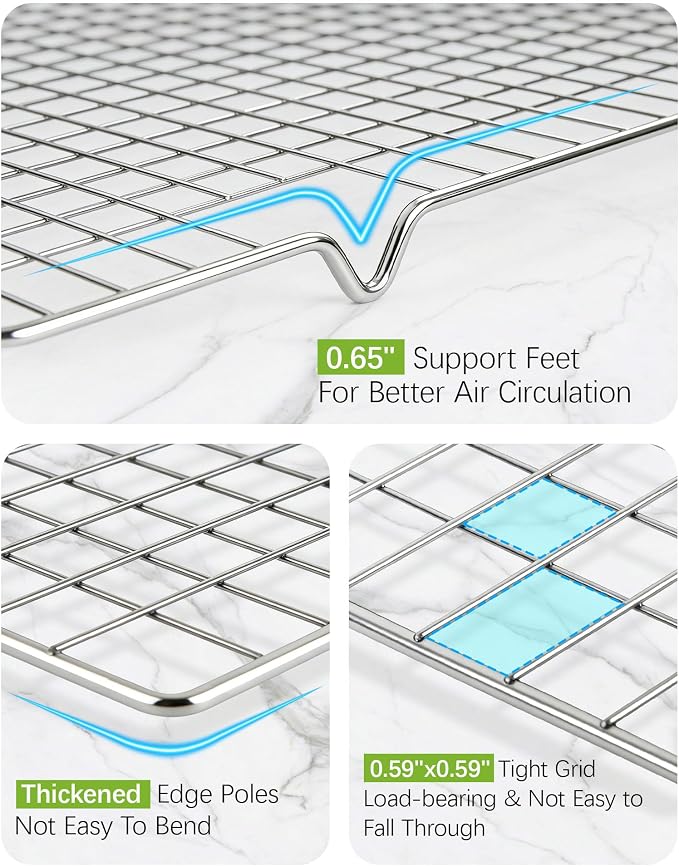 HULISEN 304 Stainless Steel Cooling Rack with Handles, 2-Pack, 16 x 10 Inch | Baking Rack for Half Sheet Pan, Dishwasher Safe, Oven Safe 500°F, Easy Transfer Design, For Baking, Roasting, Cooling Food