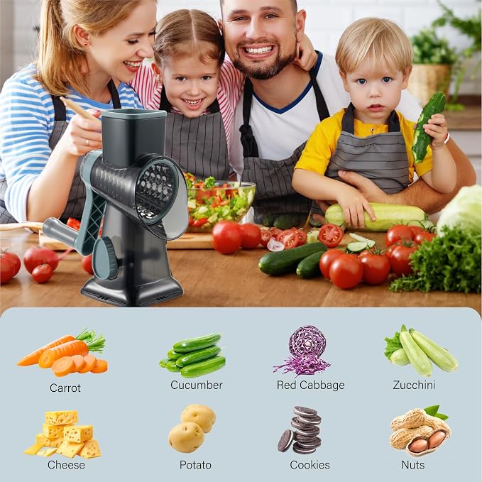 Rotary Cheese Grater hand crank 3 blades with Stronger Suction Base | Stainless Steel Blades for Fruits, Vegetables, Nuts. Dishwasher Safe & Easy to Clean, Transparent Black & Blue