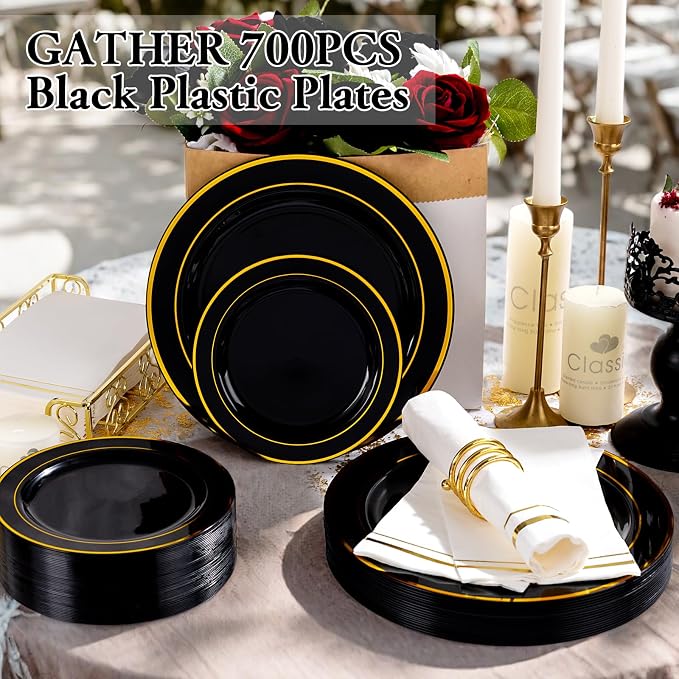GATHER 700PCS Black Plastic Plates 100 Guest for Wedding Party Birthday | Black and Gold Disposable Plastic Dinnerware Set include 200 Plates, 300 Silverware, 100 Napkins, 100 Cups for Retirement