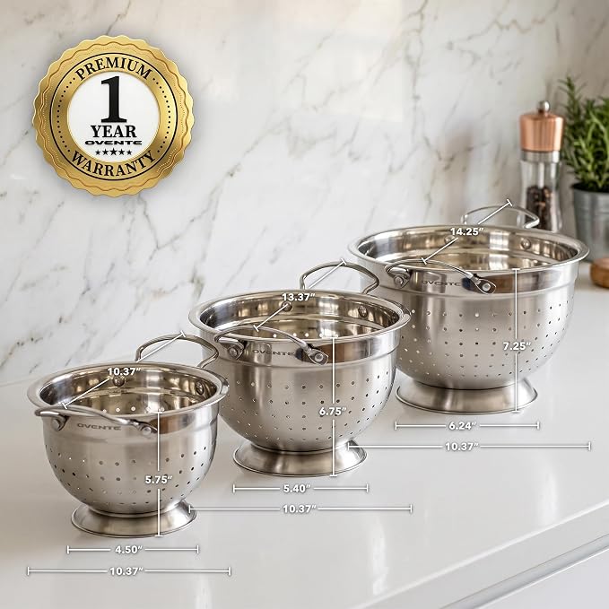 OVENTE Premium Stainless Steel Colander Set of 3, Silver C46263S | Comes with different sizes: 1.5, 3, 5 QT, Comfortable Large Handles, Ideal for draining pasta or Rinsing Vegetables or fruits