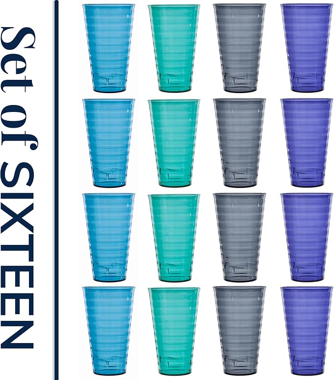 US Acrylic Splash [Set of 16] 18 ounce Plastic Stackable Water Tumblers in 4 Coastal Colors Value Set of Drinking Cups, Reusable, BPA-free, Made in the USA, Top-rack Dishwasher Safe