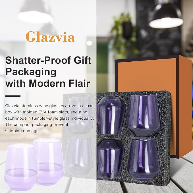 Purple Stemless Wine Glasses Set of 6, 15oz Drinking Glassware Dishwasher Safe, Wine Glass Tumblers for Red or White, Gift for Party, Holiday, Anniversary, Restaurant, Home Bar, Daily Use
