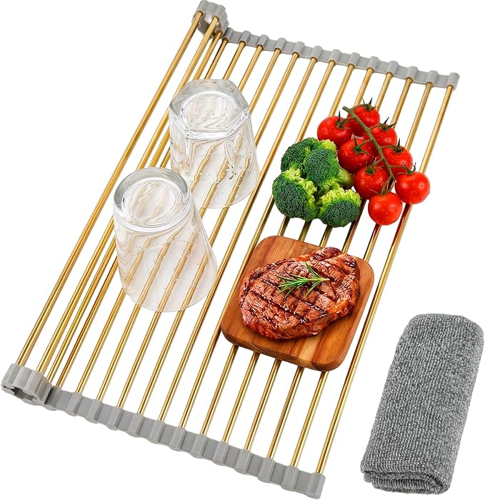 Golden Roll Up Dish Drying Rack, Stainless Steel Dish Drainer Over The Sink for Kitchen Sink Counter Storage, Applicable for Sink Width Less Than 17in (18.5'' x 13.9'')