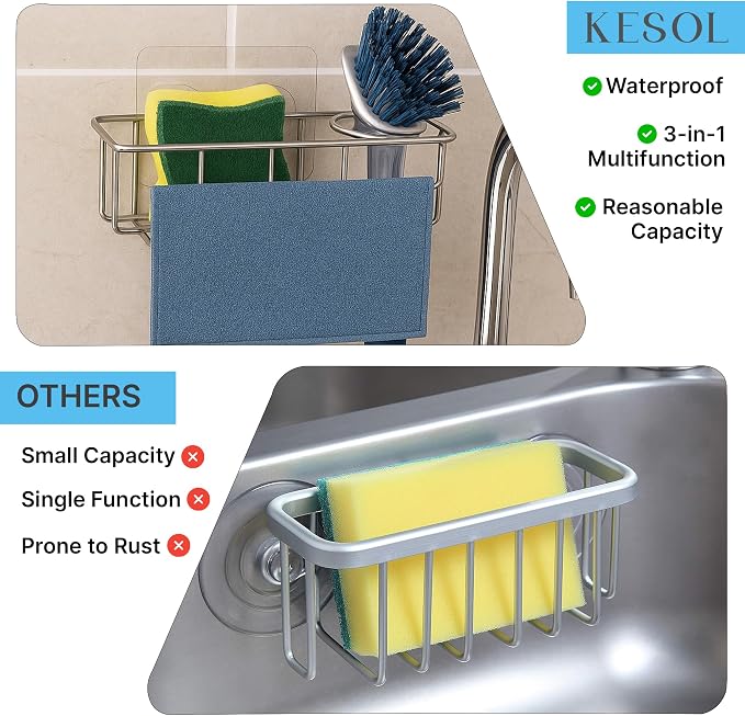 KESOL Rustproof Sponge Holder for Kitchen Sink, Suction Cups + Adhesive | In sink sponge holder stainless steel sponge holder, dish sponge holder, sink caddy brush holder 304 kitchen sink accessories