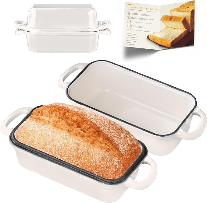 Cast Iron Loaf Pan with Lid, 9x5 Loaf Pans for Homemade Bread | Cast Iron Bread Pan for Sourdough Baking, 9x5 Loaf Pan with 2-In-1 Design, Even Heat Distribution, Cream Enameled
