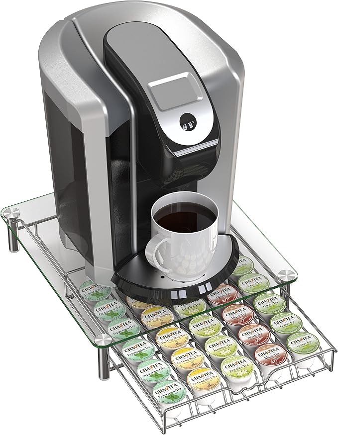 Deco Brothers Tempered Glass K-Cup Holder Drawer for 30 Coffee Pods, Chrome