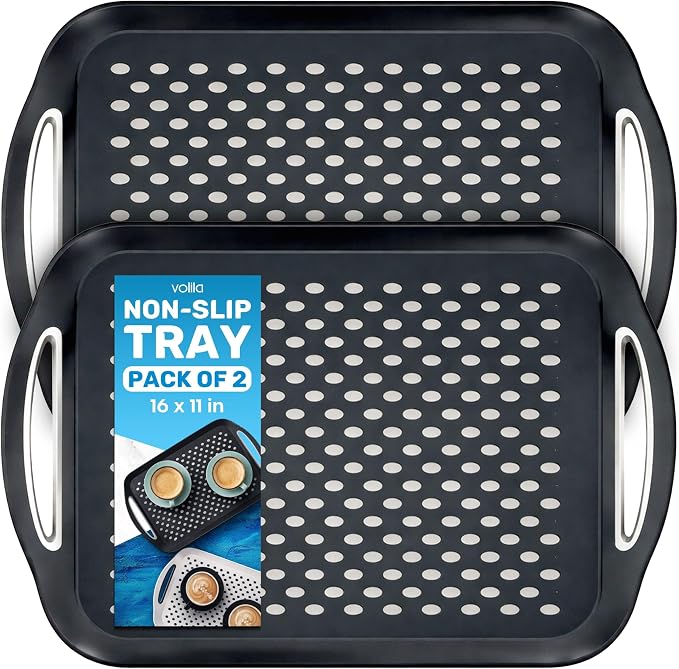 Food Trays for Eating on Couch - 2 Pack - Non Slip Dinner Trays for Eating Set of 2 Non Slip Serving Tray and Food Tray with Handles (Black)