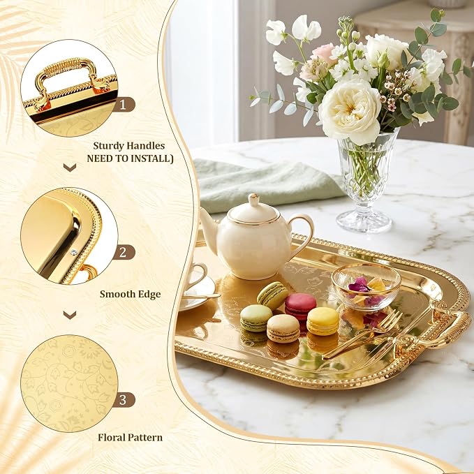 3 Pack Metal Serving Trays with Handles, Decorative Floral Platter Trays for Coffee Tea, Food, Dessert, Jewelry, for Buffet Wedding Party Kitchen Home Decor(Lovely,Silver, Gold)