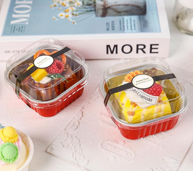 NPLUX Mini Cake Pans with Lids, 50 Pack Red 5oz for Family Parties | Fits bars, pudding, crumble and layered desserts; paired extras make serving details easier to finish.