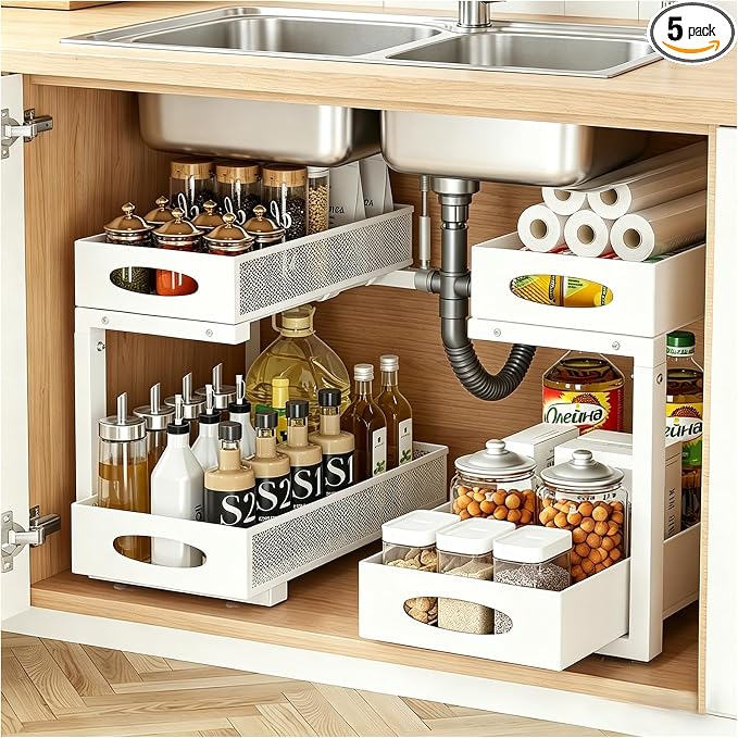 2 Pack Under Sink Organizer, 2-Tier Pull Out Kitchen Cabinet Organizer, Height Adjustable Metal Slide Out Bathroom Organizers and Storage Makeup Drawer Organizer for Office Bedroom(A-White, 2Pack)