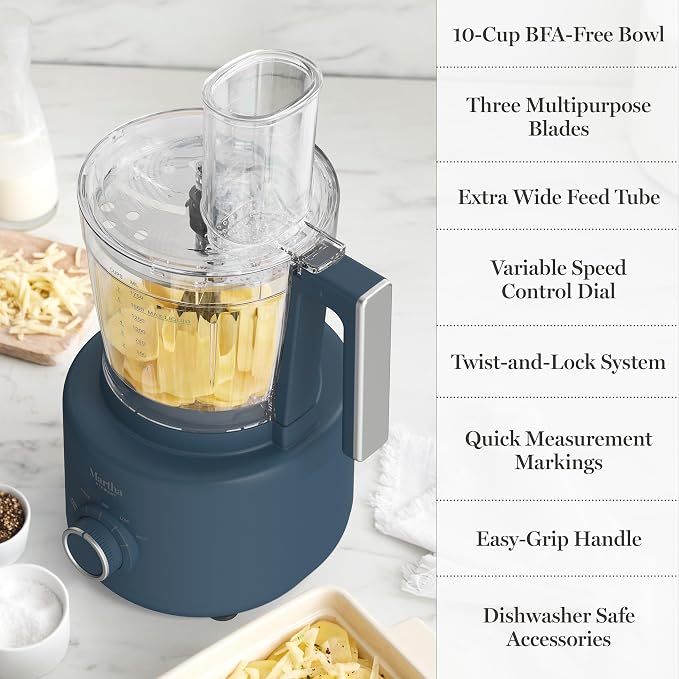 Martha Stewart 10 Cup Food Processor & Electric Chopper, One Touch Pulse | BPA-Free Bowl, 3 Multipurpose Blades, Easy Food Prep, Chop, Slice, Shred, Puree, Emulsify, Speed Dial, Wide Feed Chute, Navy