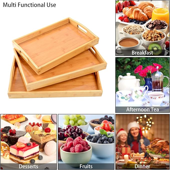 3 Pack Bamboo Serving Trays with Handles, Wooden Food Trays (Beige) | Bamboo Food Trays, Perfect For Breakfast In Bed, Sofa Dining, Serving Drinks, Snacks, And Everyday Organization