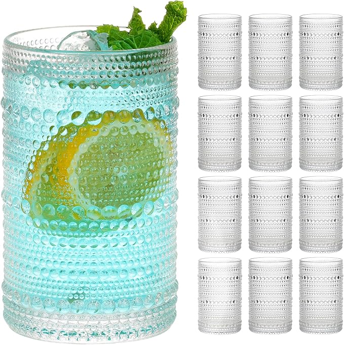 Moretoes 12 Oz Hobnail Drinking Glasses Set of 12 | Clear Highball Glasses Cups Vintage Kitchen Bar Tumbler Glassware Set for Whiskey, Beer, Juice, Milk and Various Mixed Drinks