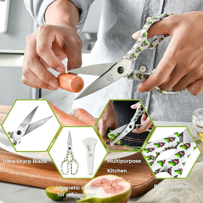 Kitchen Scissors Heavy Duty Kitchen Shears with Magnetic Holder Made with Japanese Steel 4034, Multipurpose Ultra Sharp Cooking Scissors for Meat/Vegetables/BBQ/Herbs/Pizza (Graphic,Chili)