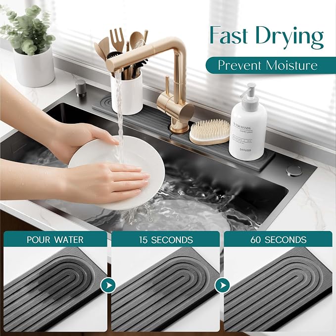 Faucet Splash Guard for Kitchen Sink, Kitchen Sink Faucet Mat with Raised Feet, Durable Drying Matt Kitchen Counter Stone, Water Absorbent Diatomite Drying Mat (Dark Grey, 23.6" x 3.9")