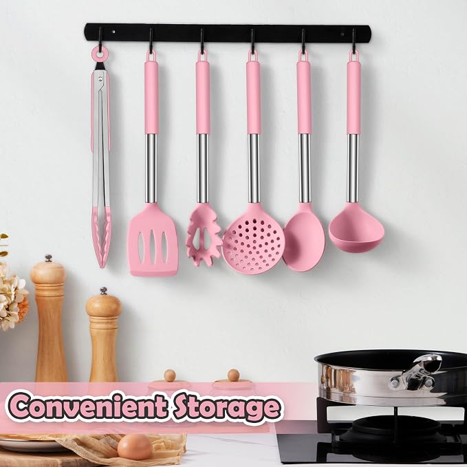 LIANYU Silicone Kitchen Utensils, 6 Pcs Cooking Utensils Spatula Set, Pink | Slotted Turner, Spoon, Soup Ladle, Pasta Server, Skimmer, Tongs for Nonstick Cookware, Heat Resistant, Stainless Steel Handle