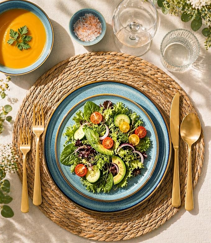 GBHOME Dinnerware Sets for 6, 18 Pieces Ceramic Plates and Bowls Set | Scratch Resistant Stoneware Dishes Set, Dishwasher & Microwave Safe, Reactive Glaze-Space Blue