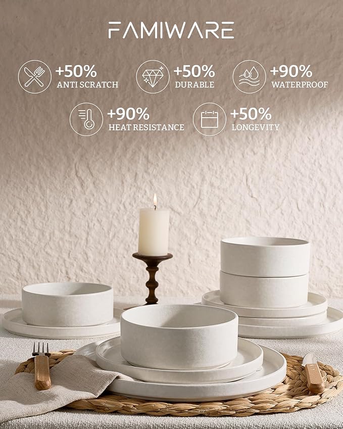 Famiware Nebula 12-Piece Dinnerware Set, Matte Beige White | Stoneware Plates and Bowls, Handmade Reactive Glaze, Microwave & Dishwasher Safe, Chip & Scratch Resistant