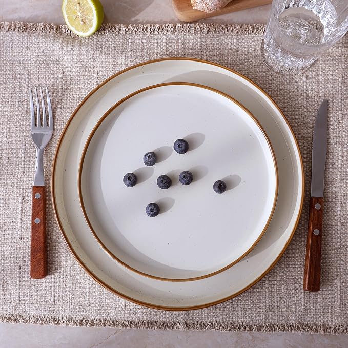 Famiware Nebula 12-Piece Dinnerware Set, Vanilla White with Brown Rim | Stoneware Dish Set for 4, Plates and Bowls, Microwave and Dishwasher Safe, Chip and Scratch Resistant