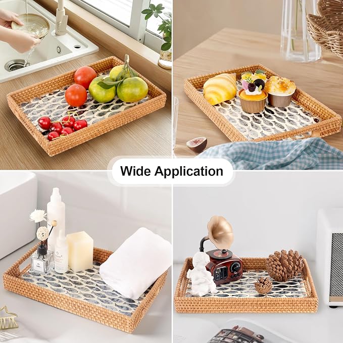 Rectangle Rattan Tray with Mother of Pearl Inlay, Rattan Serving Tray with Handle for Coffee, Bread, Fruits, Snacks, Decorative Wicker Tray for Table Decor (Rectangle Black Fish, 13"×9")