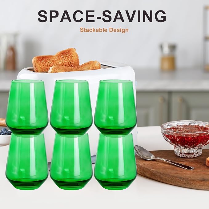 Green Stemless Wine Glasses Set of 6, 15oz Drinking Glassware Dishwasher Safe, Wine Glass Tumblers for Red or White, Gift for Party, Holiday, Anniversary, Restaurant, Home Bar, Daily Use