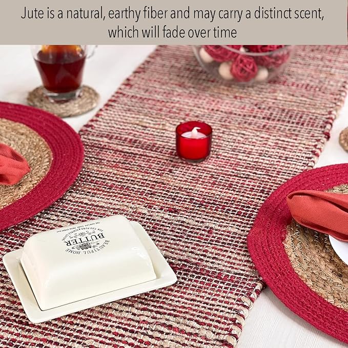 Natural Jute Table Runner 13x36 Inch – Vintage Boho Rustic Table Decor – Handwoven Table Runner in Natural Jute and Red – Farmhouse Dining or Console Table Accent