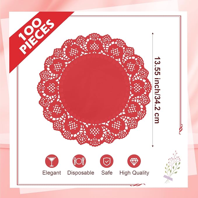 100 Pack 13.5 Inch Round Red Paper Doilies, Disposable Lace Placemat | Rustic Scallop Doily Table Pads, Heavy-Duty Paper Place Mats for Cakes, Crafts, Parties, Weddings, Buffet, Home Decor