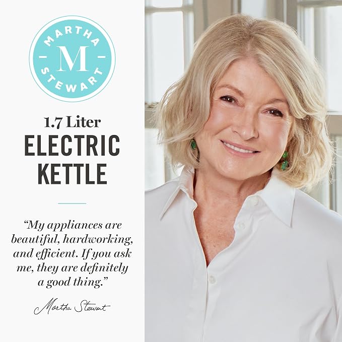 Martha Stewart 1.7L Glass Carafe Electric Kettle with Removable Tea Infuser | 7 Cups, 4 Presets, Rapid Boiling, Stainless Steel Tea Leaf Infuser, Cordless Swivel Base, Keep Warm, Auto Shut-Off, Indigo