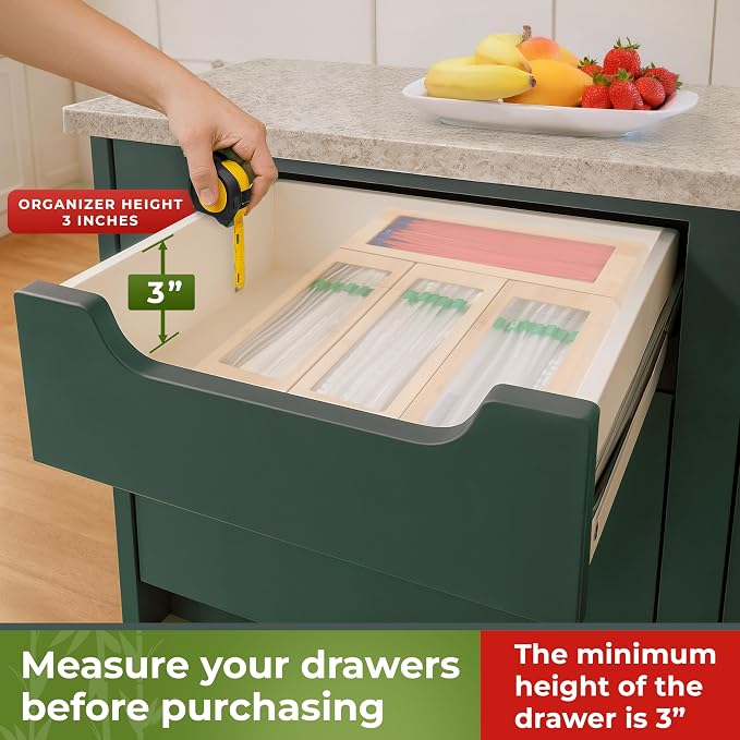 Bamboo Storage Bag Organizer for Drawer, 4 Blocks – Plastic Bag Organizer | Modular Kitchen Organization, Quick Refill – Fits Gallon, Quart, Sandwich & Snack Size Bags