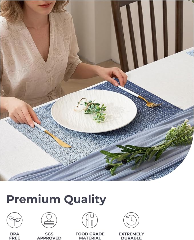 Leetaltree Gradient Blue Woven Placemats Set of 24 - Heat Resistant Non-Slip Place mats for Dining Table, Washable Durable PVC Vinyl Woven Table Mats(Gradient Blue, 24)
