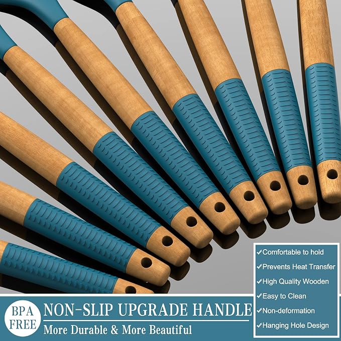 33 PCS Silicone Kitchen Utensils Set, Umite Chef Heat Resistant Cooking Utensils Set With Holder, Wooden Handle Kitchen Gadgets Tools Spatula for Nonstick Cookware