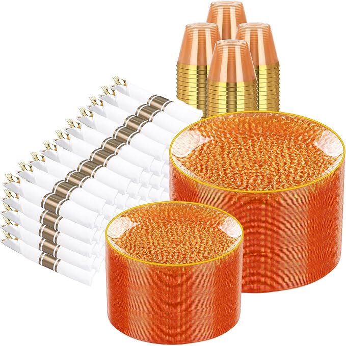Rubtlamp 700Pcs Orange Gold Plastic Dinnerware Set, Hammered Clear Gold Plates, Fancy Plastic Plates Include 100 Dinner Platos, 100 Salad Platos, 100 Cups, 100 Pack Pre Rolled gold plastic Silverware