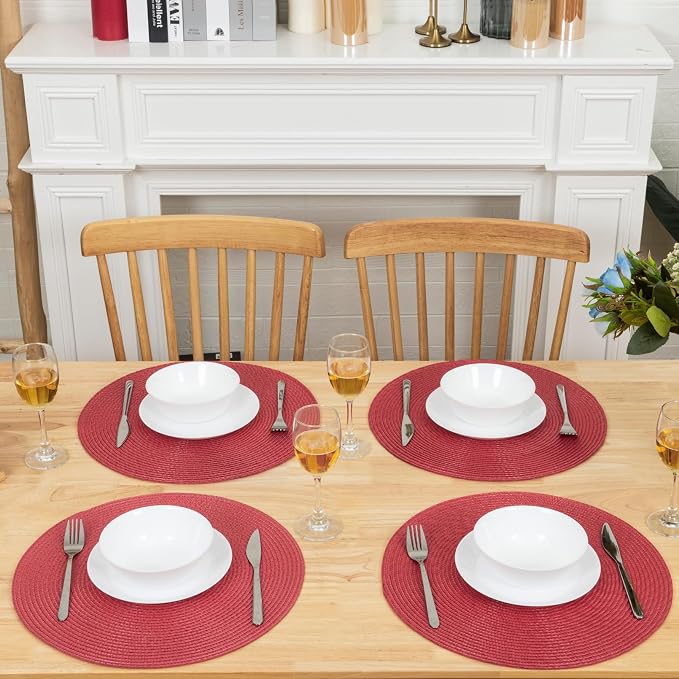 Winknowl Round Braided Placemats Set of 4 Washable Woven Heat Resistant Table Mats for Kitchen Dining Tables 15 inch Round Place Mats (Red,4pcs)