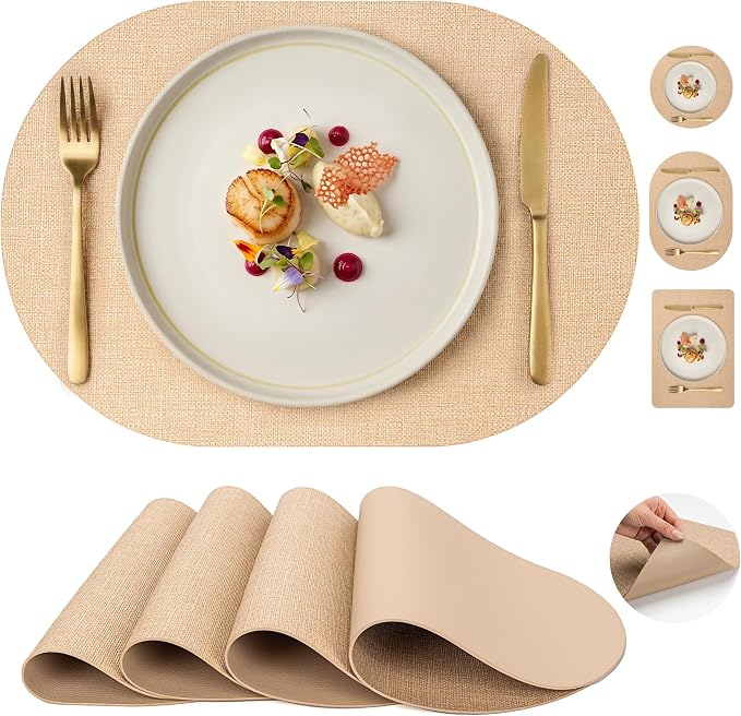 Faux Leather Placemats Set of 4, Wipeable Waterproof Stain Resistant Table Mats, Heat Resistant Thick Placemats with Hand-Painted Edges for Kitchen Dining, Imitative Linen Texture, Various Shapes