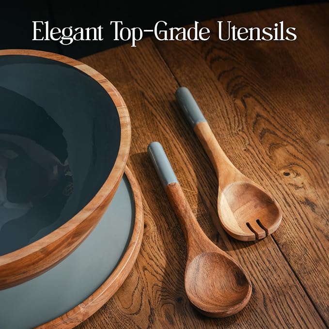Large Wooden Salad Bowl Set 12.5 Inch with Serving Utensils, Tray Lid and Carry Strap. Acacia Wood Large Salad Bowls Ideal for Fruits and Dishes, Wooden Bowls for Food, Serving and Fruit Bowl