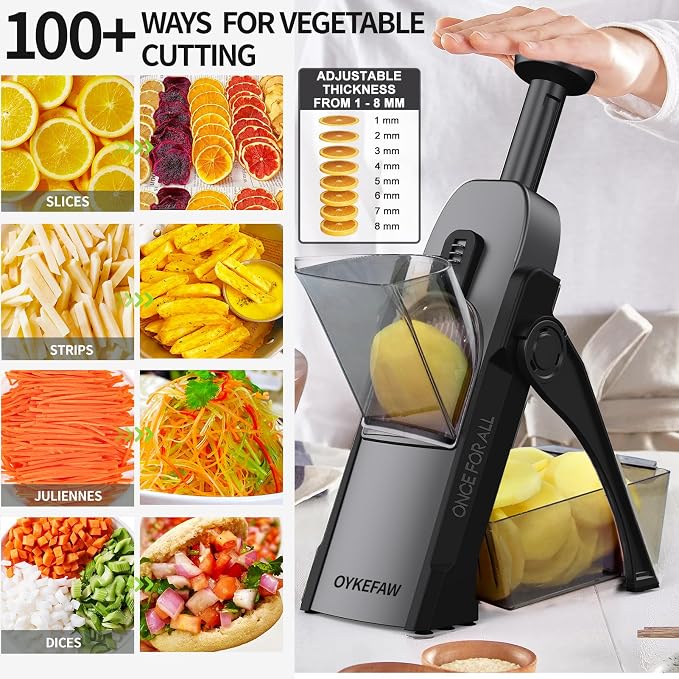 Safe Mandoline Slicer for Kitchen, 5 in 1 Vegetable Food Chopper for Potato | Potato Slicer, French Fry Cutter, Food Chopper, Adjustable Thickness 0.1-8 mm, Fast Meal Prep, with Peeler/Cleaning Brush