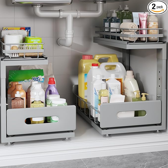Under Sink Organizer Upgrade To Professional Rails,2-Tier Dual Pull Out Cabinet Storage,Height Adjustable Slide Out Drawers For Bathroom Kitchen,2 Pack-14.5"Dx12.8"-16.9"H,Gun Gray