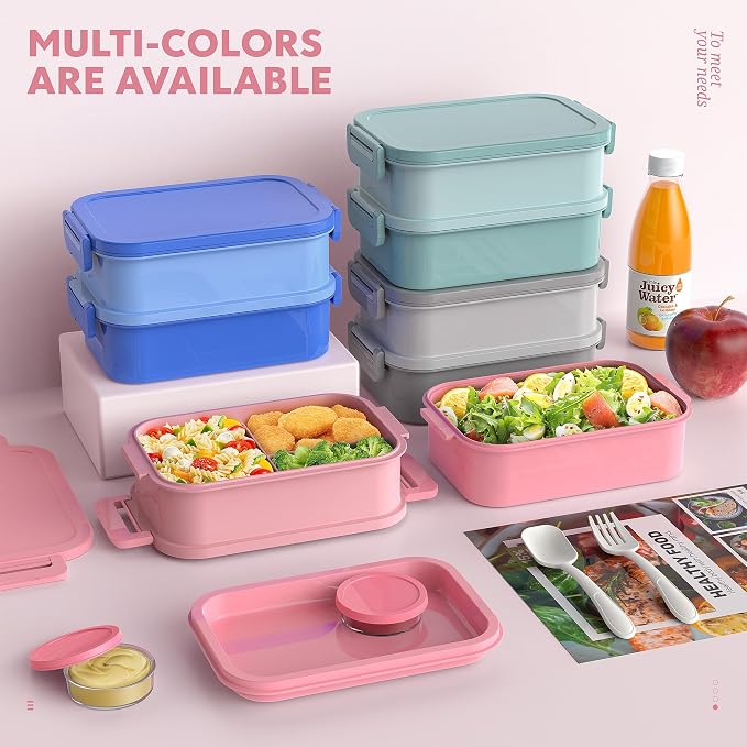 Bento Lunch Box for Adults - 3 Layers Leak-Proof Stackable Bento Box for Adults, 72oz Large-Style All-in-One Adult Lunchbox Bento Box with Utensil Accessories for Dining Out,Work, Pink