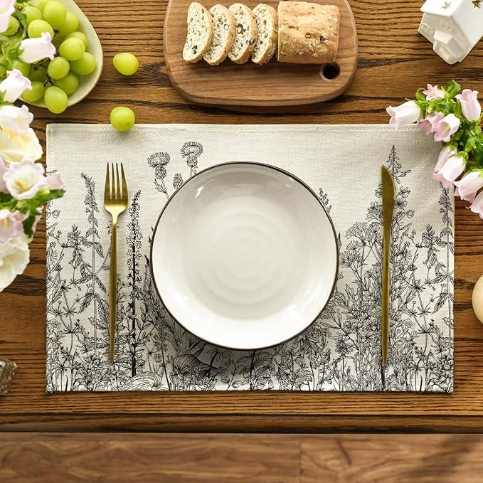 Artoid Mode Grey Antique Herbs and Wild Flowers Spring Placemats Set of 4, 12x18 Inch Seasonal Table Mats for Party Kitchen Dining Decoration