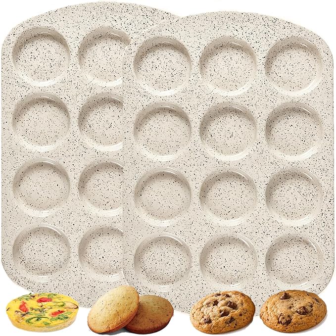 Muffin Top Pan, 12 Cavity Cupcake Pan, 3 Inch Nonstick Bakeware for Eggs, Cornbread, Cookies, Whoopie Pies and Yorkshire Pudding, Set of 2