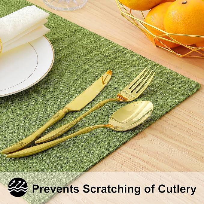 Faux Cotton Linen Placemats Set of 8, Cloth Washable Farmhouse Dining Table Mats for Indoors & Outdoors, Easy to Clean, Grass Green, 13 x 19 Inch