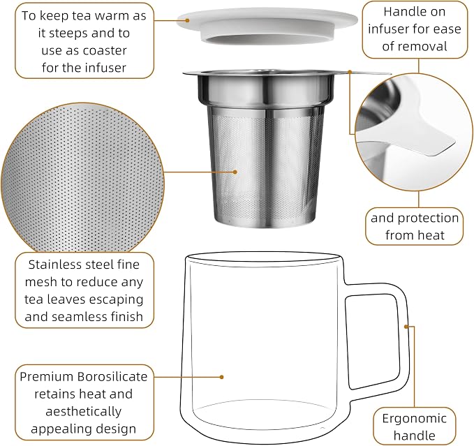 CNGLASS 12oz Double Walled Glass Tea Cup with Stainless Steel Infuser and Lid,Borosilicate Glass Tea Infuser Mug for Loose Tea,Teabag,Set of 1